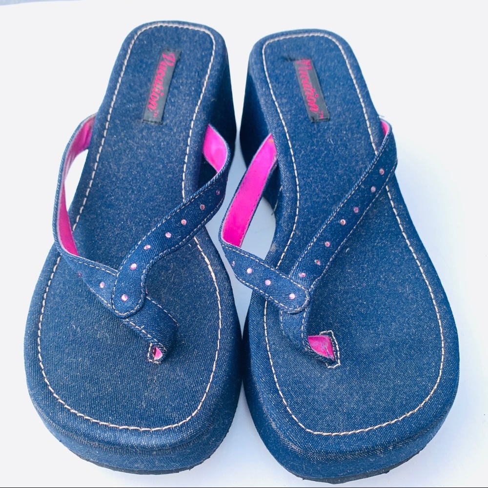 Denim Rhinestone Wedge Sandals